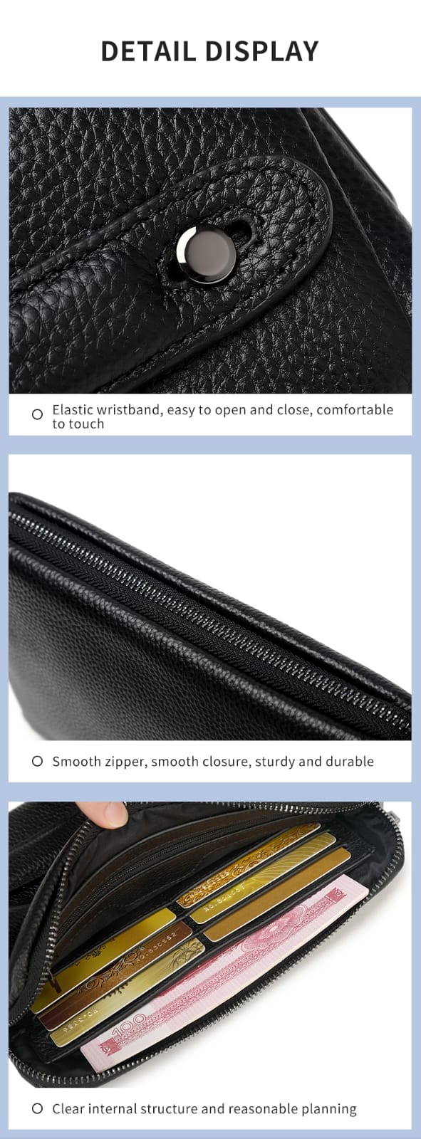 Wrist strap zipper and internal details