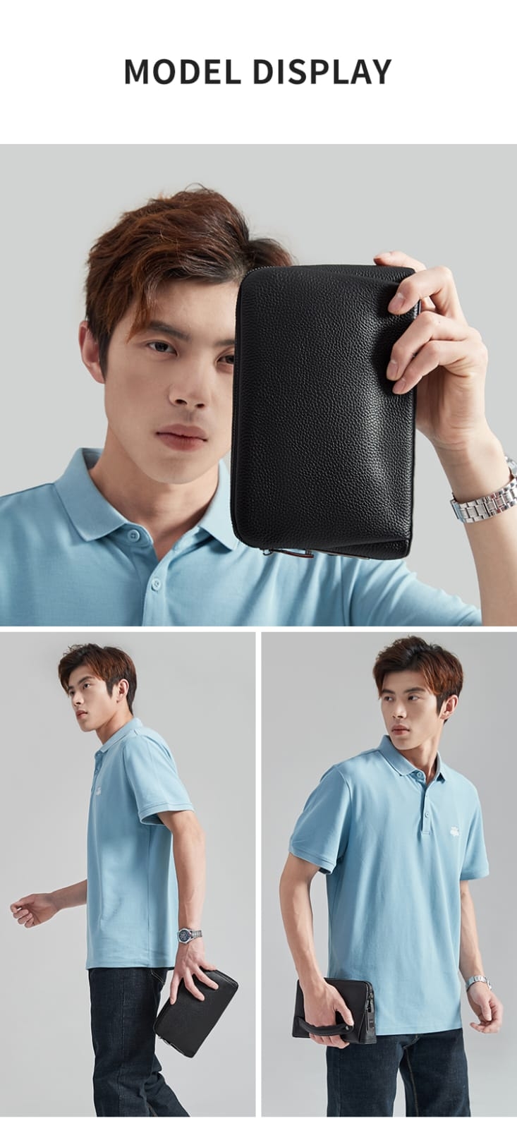 Model displaying black clutch bag