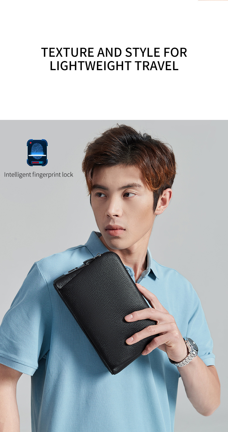 Model holding the V1 smart fingerprint clutch bag