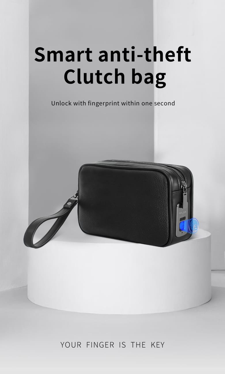 V2215-C black fingerprint clutch bag on a product stand